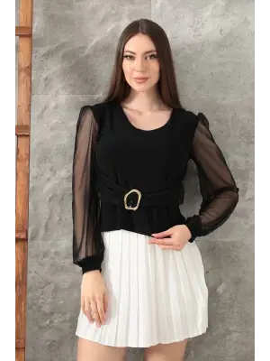 Tokalı tül kollu bluz siyah t4071