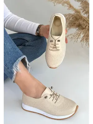 Sportif Bej Cilt Bağcıklı Ayakkabı