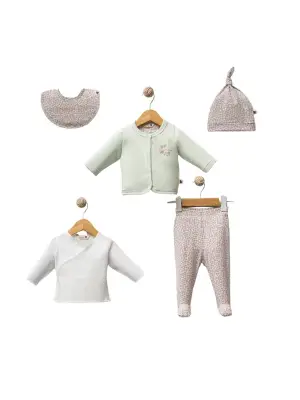 Omarı Çiçek Desenli 5 Parça Hastane Çıkış Takımı Yeşil