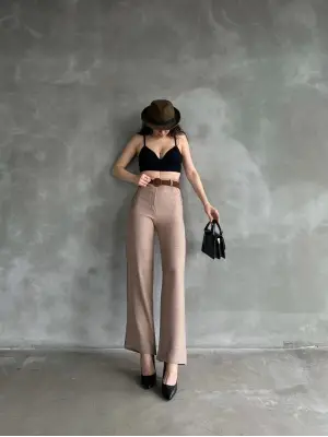 Omarı Keten Pantolon Beli Kemerli - Kahve Renkli