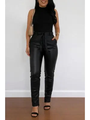 Trend Yüksek Bel Kuşaklı Deri Pantolon