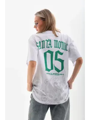 Omarı Beyaz Oversize Baskılı T-Shirt