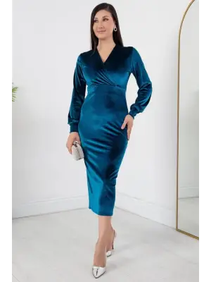 Omarı Kadife Kumaş Manşetli V Yaka Elbise