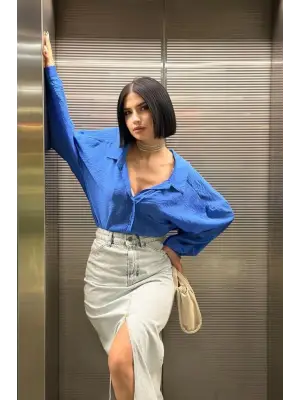 Omarı Yırtmaçlı Kot Etek - Kar Yıkama Özellikli