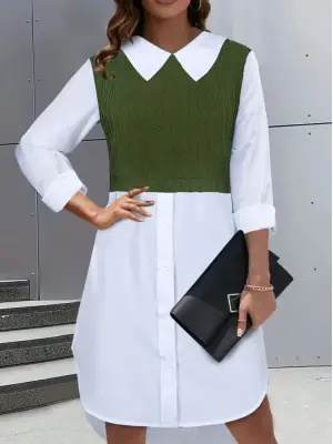 Omarı Şık ve Rahat Kadın Elbisesi - Uzun Kollu, Gömlek Yaka, Çift Renkli