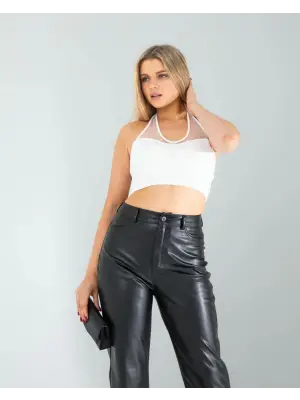 Omarı Tül Detaylı Bağcıklı Askılı Bluz