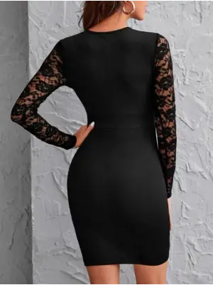 Omarı Zarif Ve Şık Tül Detaylı Uzun Kollu Elbise