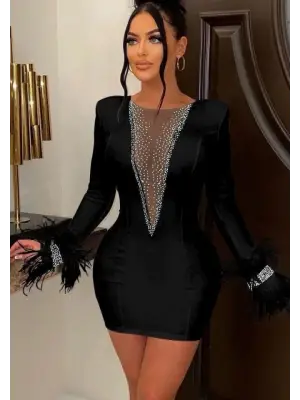 Omarı Tül Detaylı Tüylü Mini Elbise