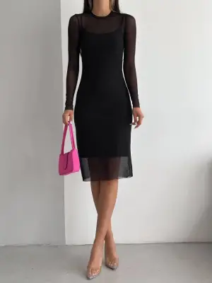 Siyah Tül Elbise Atlet Takım Kadın Giyim