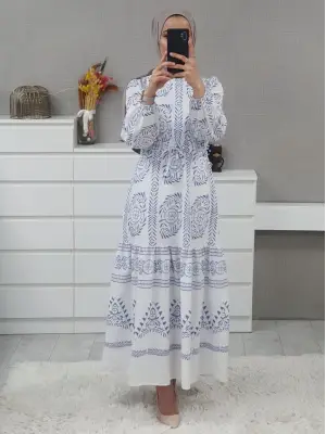 Omarı Zarif Tünel Bağcıklı Beyaz Elbise