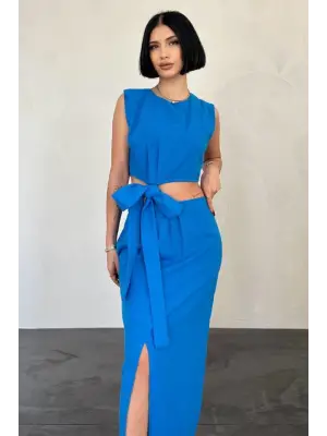 Omarı Şık Turkuaz Kuşaklı Crop Ve Etek Takımı