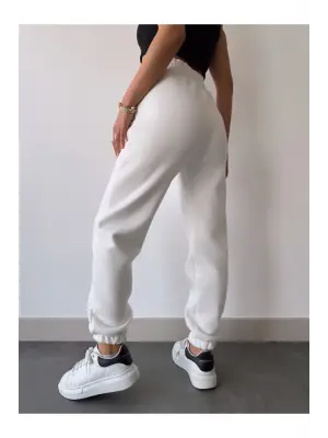 Üç İplik Basic Lastikli Eşofman Pantolon - Beyaz