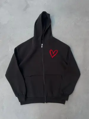 Siyah Baskılı Fermuarlı Kapşonlu Hırka