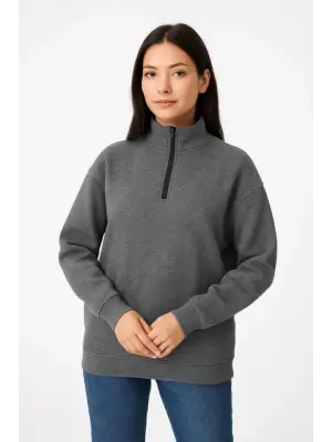 Üç İplik Dık Yaka Yarım Fermuarlı SweatShirt - Antrasit