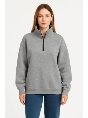 Üç İplik Dık Yaka Yarım Fermuarlı SweatShirt - Gri