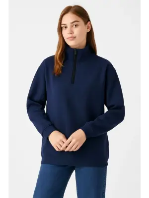 Üç İplik Dık Yaka Yarım Fermuarlı SweatShirt - Lacivert