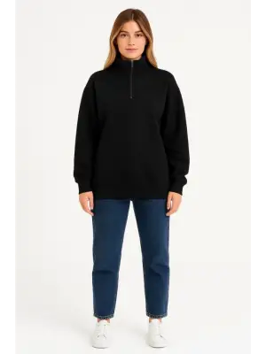 Üç İplik Dık Yaka Yarım Fermuarlı SweatShirt - Siyah