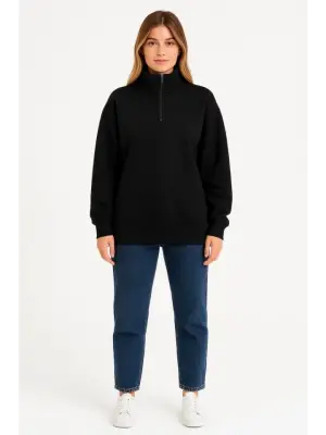 Üç İplik Dık Yaka Yarım Fermuarlı SweatShirt - Siyah