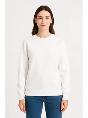 Üç İplik Düz Bisiklet Yaka SweatShirt - Beyaz