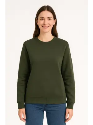 Üç İplik Düz Bisiklet Yaka SweatShirt - Haki