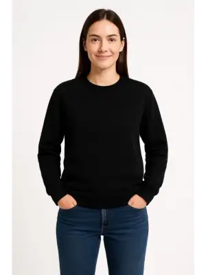 Üç İplik Düz Bisiklet Yaka SweatShirt  - Siyah