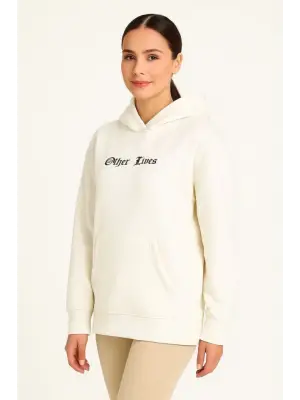 Üç İplik Kapşonlu ön Ve Arka Baskılı SweatShirt Hoodie- Beyaz