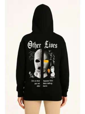 Üç İplik Kapşonlu ön Ve Arka Baskılı SweatShirt Hoodie- Siyah