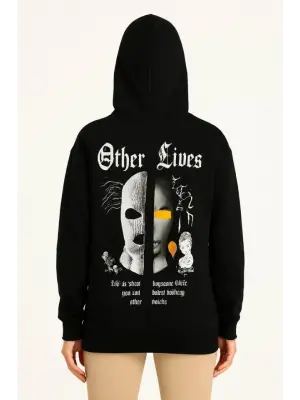 Üç İplik Kapşonlu ön Ve Arka Baskılı SweatShirt Hoodie- Siyah