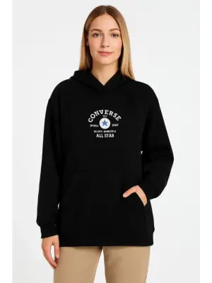 Üç İplik Kapşonlu ön Ve Arka Baskılı SweatShirt Hoodie- Siyah
