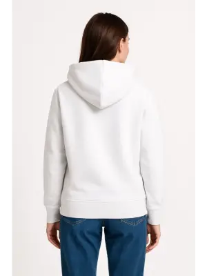 Üç İplik Kapüşonlu Kanguru Çepli SweatShirt Hoodie - Beyaz