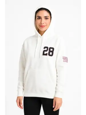 Üç İplik Kapüşonlu Ön Ve Arka Baskılı SweatShirt Hoodie - Beyaz