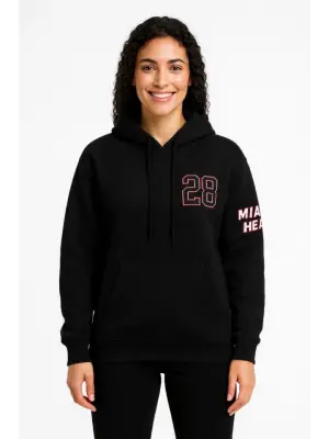 Üç İplik Kapüşonlu Ön Ve Arka Baskılı SweatShirt Hoodie - Siyah