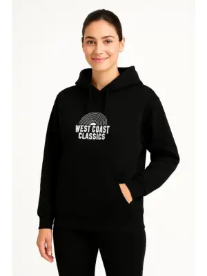 Üç İplik Kapüşonlu Ön Ve Arka Baskılı SweatShirt Hoodie - Siyah