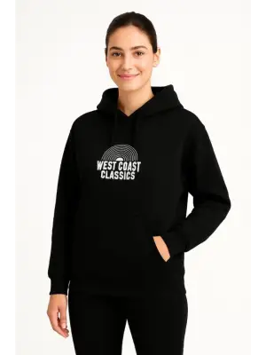 Üç İplik Kapüşonlu Ön Ve Arka Baskılı SweatShirt Hoodie - Siyah
