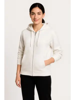 Üç İplik Kapüşonlu Tam Fermuarlı Kanguru Çepli SweatShirt Hoodie - Beyaz