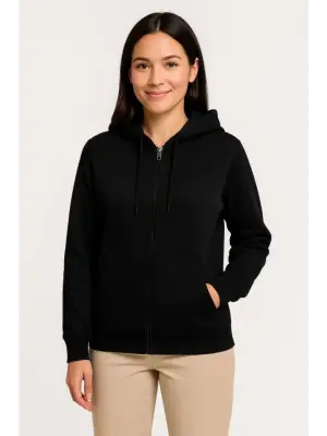 Üç İplik Kapüşonlu Tam Fermuarlı Kanguru Çepli SweatShirt Hoodie - Siyah