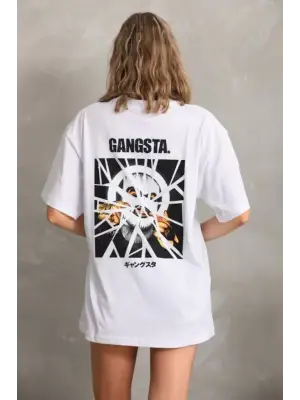 Unisex Baskılı Oversize T-Shirt - Beyaz