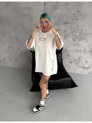 Baskılı Unisex Oversize Tişört - Beyaz