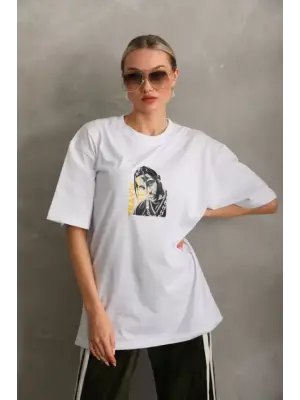 Unisex Baskılı Oversize T-Shirt - Beyaz