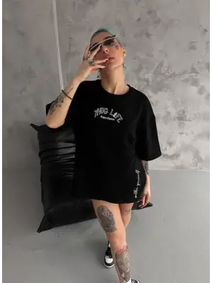 Unisex Baskılı Oversize T-Shirt - Siyah