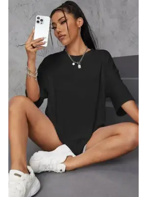 Baskılı Oversize Tişört - Siyah