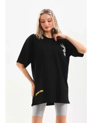 Unisex Baskılı Oversize T-Shirt - Siyah