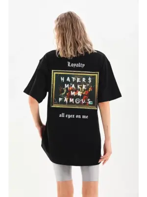 Unisex Baskılı Oversize T-Shirt - Siyah