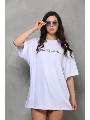 Unisex Bisiklet Yaka Baskılı Oversize T-Shirt - Beyaz