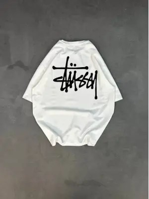 Unisex Bisiklet Yaka Baskılı Oversize T-Shirt - Beyaz