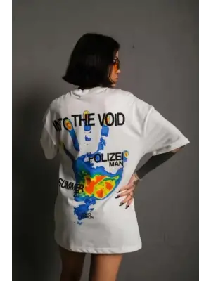 Unisex Bisiklet Yaka Baskılı Oversize T-Shirt - Beyaz