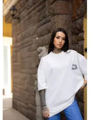 Unisex Bisiklet Yaka Baskılı Oversize T-Shirt - Beyaz
