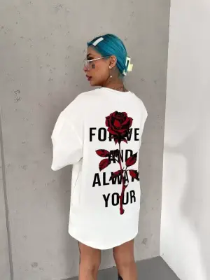 Oversize Bisiklet Yaka Tişört - Beyaz