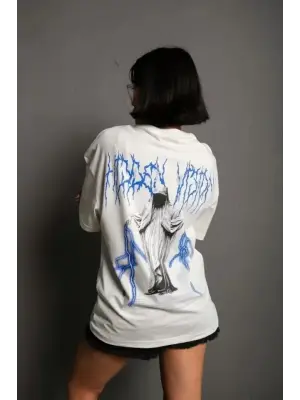 Unisex Bisiklet Yaka Baskılı Oversize T-Shirt - Beyaz