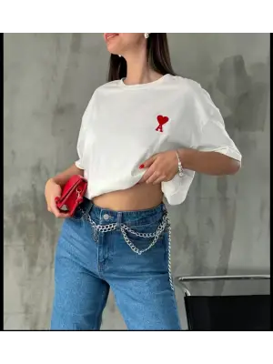 Omarı Beyaz Bisiklet Desenli Oversize T-Shirt